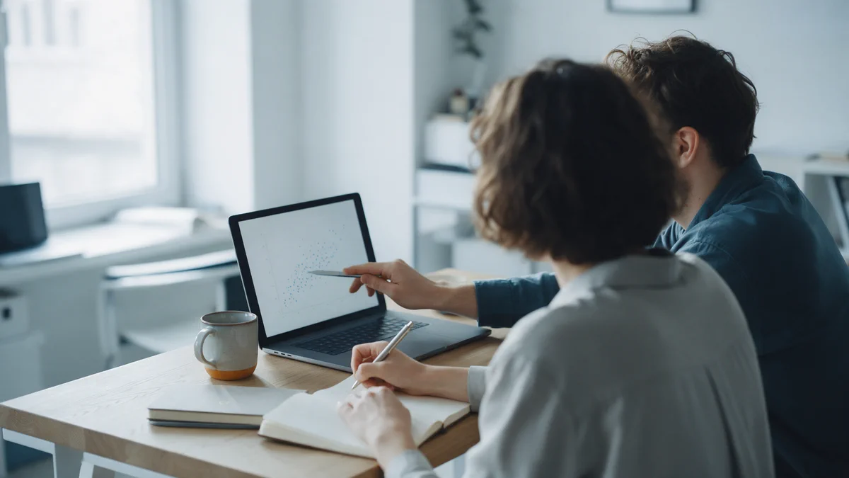 Dwie osoby przy jednym biurku, widziane od tyłu: jedna wskazuje długopisem wykres na laptopie, druga notuje w zeszycie.